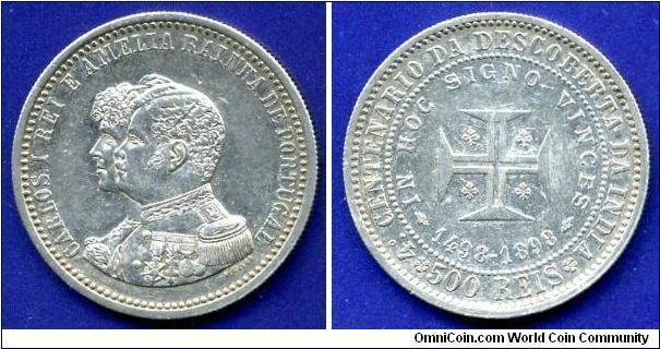 500 reis.
400-anniversary of the opening of the road to India.
Carlos I (1889-1908) & Amelia.
Mintage 300,000 units.


Ag917f. 12,5gr.