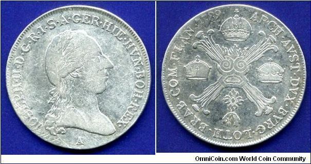 1/2 Kronenthaler.
Austrian Netherlands.
Ioseph II (1765-1790) emperor of Holy Roman empire.
(A) Vienna mint.
Mintage 24,000 units.


Ag873f. 14,72gr.