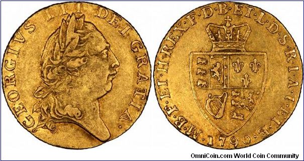 This is probably the most familiar type gold guinea. It is the fifth portrait type of George III, dated 1790, with a spade shaped shield, often called a 'spade ace' guinea, after  the ace of spades in a pack of playing cards.