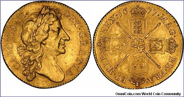 Second portrait type gold two guineas of Charles II. Most people wrongly believe a 2 guinea was worth 42 shillings; it was originally a 40 shilling face value, but because gold silver values and ratios fluctuated, so did coins values, as much as 60 shillings at one time.