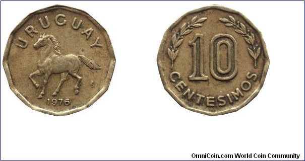 Uruguay, 10 centimos, 1976, Al-Bronze, Horse.                                                                                                                                                                                                                                                                                                                                                                                                                                                                       