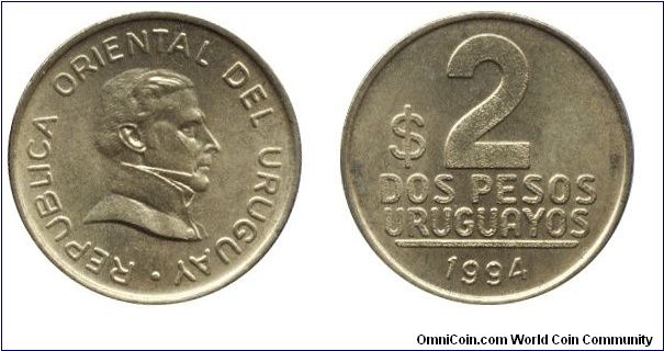 Uruguay, 2 pesos, 1994, Cu-Ni-Al, Artigas.                                                                                                                                                                                                                                                                                                                                                                                                                                                                          