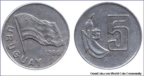 Uruguay, 5 pesos, 1980, Cu-Ni, National Flag, Ceibo - National Flower.                                                                                                                                                                                                                                                                                                                                                                                                                                              