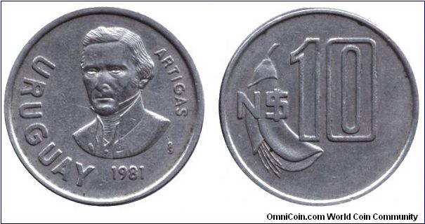 Uruguay, 10 pesos, 1981, Cu-Ni, Artigas, Ceibo - National Flower.                                                                                                                                                                                                                                                                                                                                                                                                                                                   