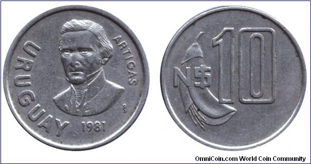 Uruguay, 10 pesos, 1981, Cu-Ni, Artigas, Ceibo - National Flower.                                                                                                                                                                                                                                                                                                                                                                                                                                                   