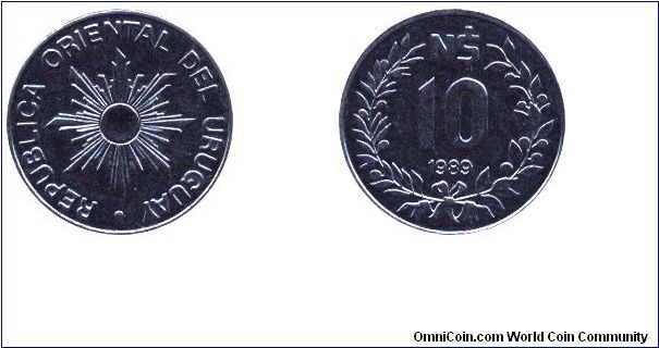 Uruguay, 10 new pesos, 1989, Steel, Sun.                                                                                                                                                                                                                                                                                                                                                                                                                                                                            