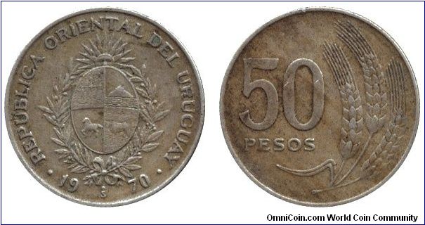 Uruguay, 50 pesos, 1970, Cu-Ni, Wheat.                                                                                                                                                                                                                                                                                                                                                                                                                                                                              