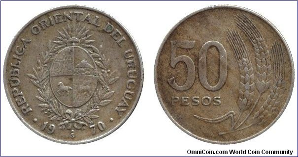 Uruguay, 50 pesos, 1970, Cu-Ni, Wheat.                                                                                                                                                                                                                                                                                                                                                                                                                                                                              