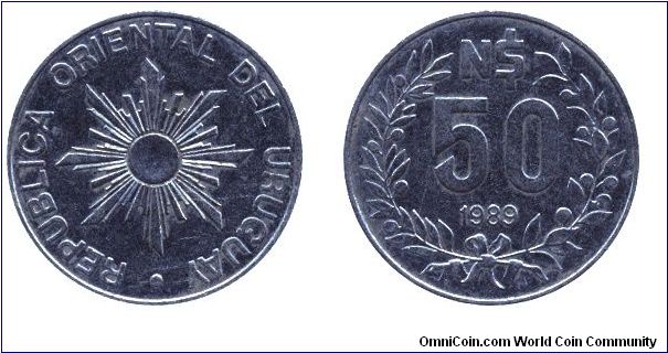 Uruguay, 50 new pesos, 1989, Steel, Sun.                                                                                                                                                                                                                                                                                                                                                                                                                                                                            