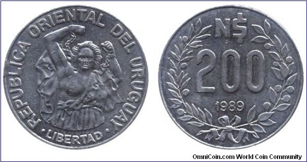 Uruguay, 200 new pesos, 1989, Steel, Libertad, unchained Liberty.                                                                                                                                                                                                                                                                                                                                                                                                                                                   
