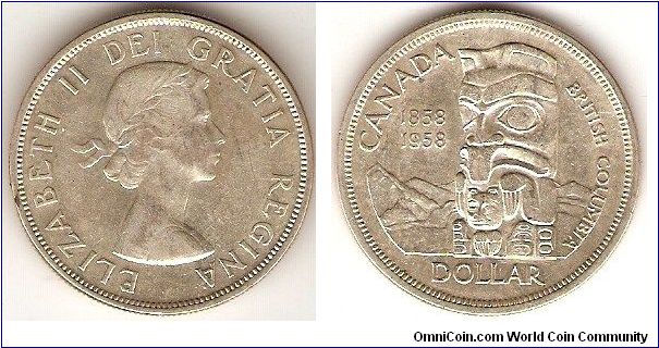 Silver dollar
Centennial of British Columbia
effigy of Elizabeth II by Mary Gillick