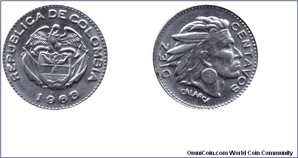 Colombia, 10 centavos, 1963,Cu-Ni, Chief Calarcá.                                                                                                                                                                                                                                                                                                                                                                                                                                                                   