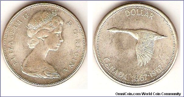 Silver dollar
Confederation centennial
effigy of Elizabeth II by Arnold Machin