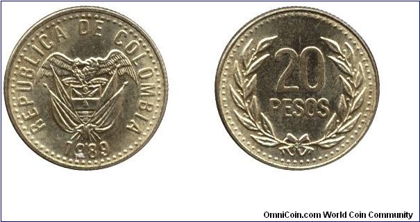 Colombia, 20 pesos, 1989, Cu-Ni-Al.                                                                                                                                                                                                                                                                                                                                                                                                                                                                                 