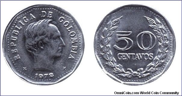 Colombia, 50 centavos, 1972, Ni-Steel, Francisco de Paula Santander.                                                                                                                                                                                                                                                                                                                                                                                                                                                