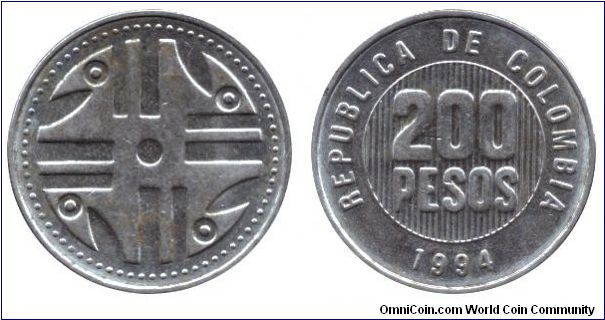 Colombia, 200 pesos, 1994.                                                                                                                                                                                                                                                                                                                                                                                                                                                                                          