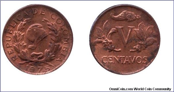 Colombia, 5 centavos, 1975, Cu-Steel.                                                                                                                                                                                                                                                                                                                                                                                                                                                                               