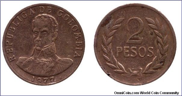 Colombia, 2 pesos, 1977, Bronze, Simon Bolivar.                                                                                                                                                                                                                                                                                                                                                                                                                                                                     