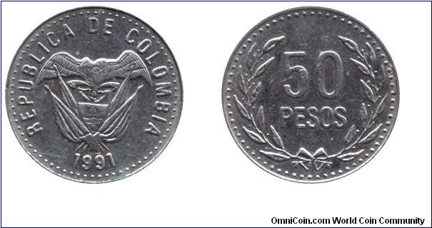 Colombia, 50 pesos, 1991, Cu-Ni-Zn.                                                                                                                                                                                                                                                                                                                                                                                                                                                                                 