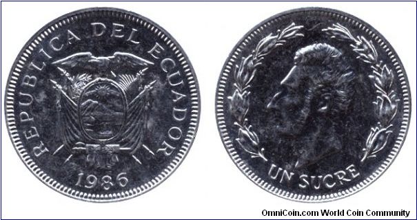 Ecuador, 1 sucre, 1986, Ni-Steel, Antonio Jose de Sucre, smaller Coat of Arms.                                                                                                                                                                                                                                                                                                                                                                                                                                      