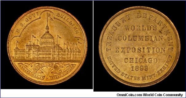World's Columbian Exposition official medal struck by the US Treasury. Small letters variety.