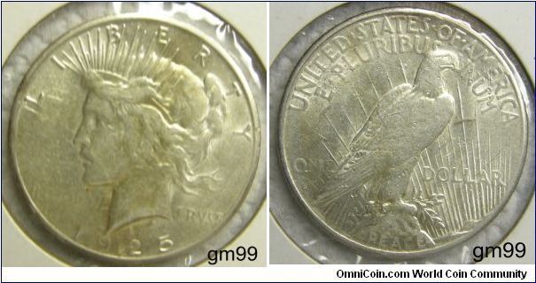 1925-S PEACE DOLLAR. Mintmark: S (for San Francisco, CA) below ONE on the reverse. Mintage;
1,610,000,
Metal Content:
Silver - 90%
Copper - 10%