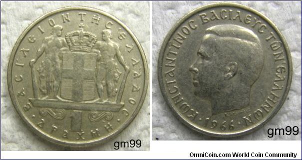Greece km89 1 Drachma (1966-1970),Obverse: Coat-of-Arms, denomination and the words Kingdom of Greece
Reverse: Bust of King Constantine, date and the words Constantine King of the Greeks and B.Falireas Date. Mintage; 
1966-20,000,000 
1967-20,000,000 
1970-7,000,000