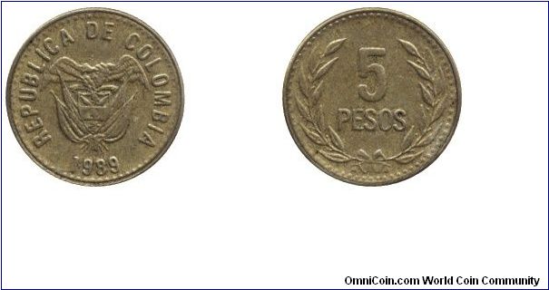 Colombia, 5 pesos, 1989, Cu-Al-Ni.                                                                                                                                                                                                                                                                                                                                                                                                                                                                                  