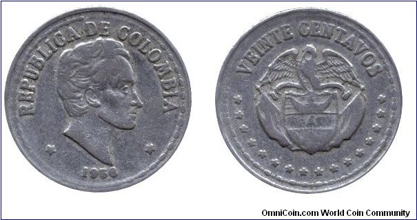 Colombia, 20 centavos, 1956, Cu-Ni, Simon Bolivar.                                                                                                                                                                                                                                                                                                                                                                                                                                                                  