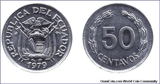Ecuador, 50 centavos, 1979, Ni-Steel.                                                                                                                                                                                                                                                                                                                                                                                                                                                                               