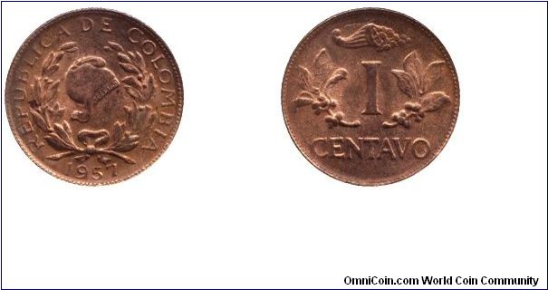 Colombia, 1 centavo, 1957, Bronze.                                                                                                                                                                                                                                                                                                                                                                                                                                                                                  