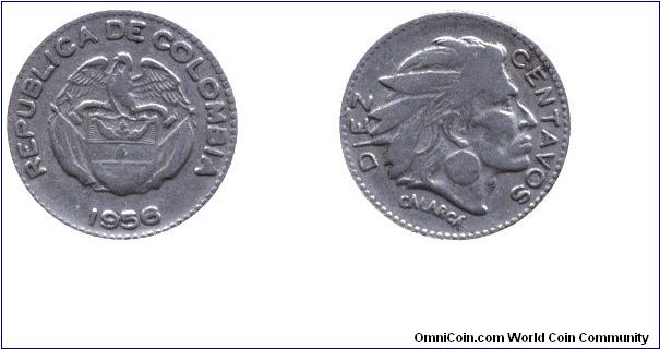Colombia, 10 centavos, 1956, Cu-Ni, Chief Calarcá.                                                                                                                                                                                                                                                                                                                                                                                                                                                                  