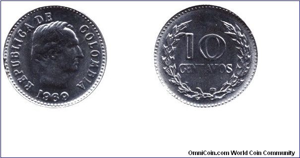 Colombia, 10 centavos, 1969, Ni-Steel, Francisco de Paula Santander, obverse legend hyphenated after the de.                                                                                                                                                                                                                                                                                                                                                                                                        