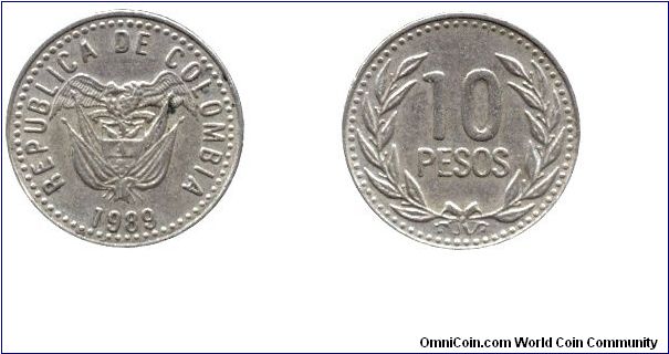Colombia, 10 pesos, 1989, Cu-Ni-Zn.                                                                                                                                                                                                                                                                                                                                                                                                                                                                                 