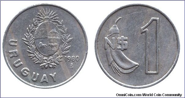 Uruguay, 1 new peso, 1980, Cu-Ni, Ceibo - National Flower.                                                                                                                                                                                                                                                                                                                                                                                                                                                          