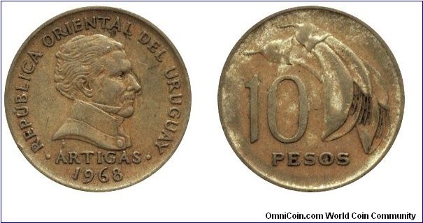 Uruguay, 10 pesos, 1968, Ni-Brass, Artigas, Ceibo - National Flower.                                                                                                                                                                                                                                                                                                                                                                                                                                                