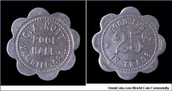 C.A. Nott Pool Hall, Yamhill, Oregon. Trade Token, aluminum.