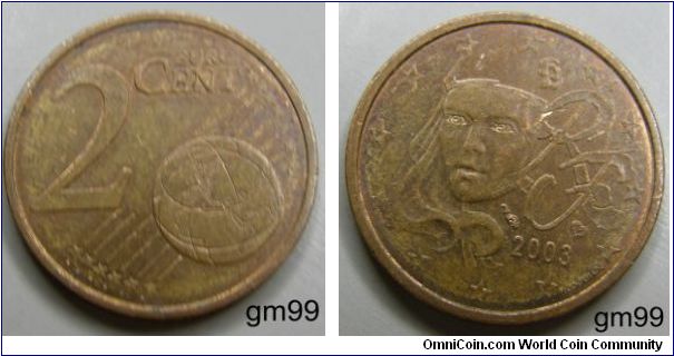 This shows a young, feminine Marianne with determined features that embody the desire for a sound and lasting Europe. It was designed by Fabienne Courtiade, an engraver from the Paris Mint. 2 Euro Cents