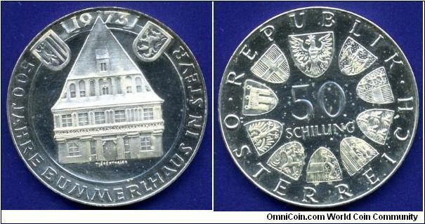 50 Shillings.
Austrian republic.
500-Bummerlhaus anniversary. (Shteyr building in the city, regarded as a symbol of the city).
PROOF Like.


Ag900f. 20gr.