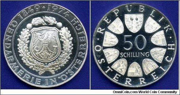 50 Shillings.
Austrian republic.
125-anniversary of the Austrian gendarmerie.
PROOF Like.


Ag900f. 20gr.