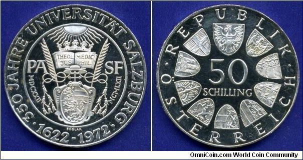 50 Shillings.
Austrian republic.
350-anniversary of the University of Salzburg.
Great arm.
PROOF Like.

Ag900f. 20,0gr.