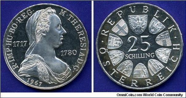25 Shillings.
Austrian republic.
250-anniversary of the birth of Maria Theresa.
PROOF Like.


Ag800f. 13gr.