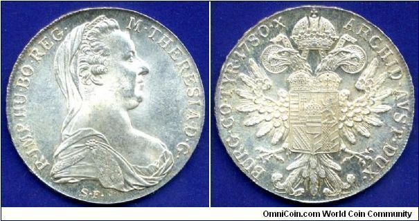 Thaler of Maria Theresia (TMT).
RESTRIKE.
Levant's thaler.
(Trade dollar/thaler/thalara).
(SF)Gunzburg mint.


Ag833f. 28,07gr.