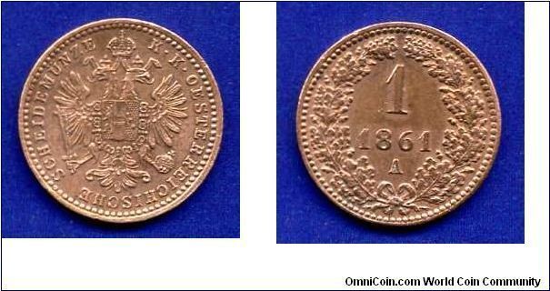 1 kreuzer (Neuekreuzer).
Austrian empire.
Franc Ioseph I (1848-1916).
(A) Vienna mint.


Cu.