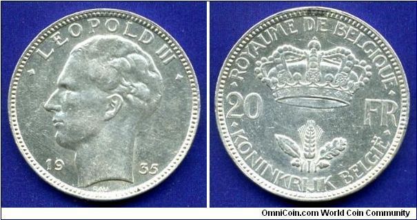 20 Francs.
Leopold III (1934-1951).
*Royaume de Belgique-Koninkrijk Belgie*.


Ag680f. 11gr.