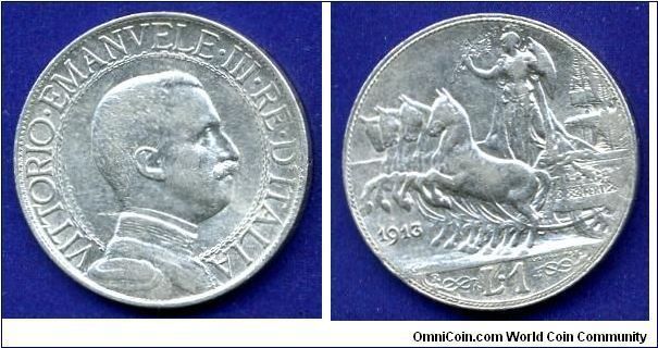 1 Lire.
Vittorio Emanuele III (1900-1946).
Legend on obverse with 'belt' (rim).
(R) Roma mint.


Ag835f. 5,0gr.