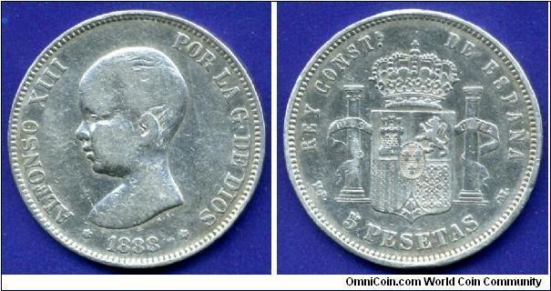 5 Pesetas.
Alfonso XIII (1885-1931).
(M) Madrid mint.


Ag900f. 25gr.