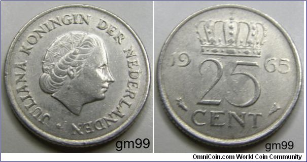25 Cents (Nickel) : 1950-1980
Obverse: Queen Juliana right,
JULIANA KONINGIN DER NEDERLANDEN
Reverse: Crown over legend,
date 25 CENT