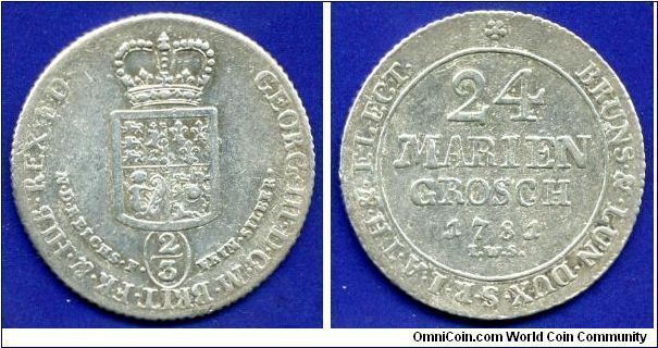 24 mariengroschen(2/3 Thaler).
Braunschweig-Calenberg-Hannover.
Georg III (1760-1820) king of Britania, Hibernia & Hannover.
'I.W.S'- Clausthal mint, Johann Wilhelm Schlemm 1753-90.


Ag993f. 13,08gr.