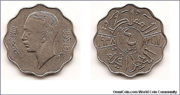 4 Fils - AH1357 - 
KM#105
4.0000 g., Nickel, 21 mm. Obv: Head left Rev: Value within
center circle flanked by dates